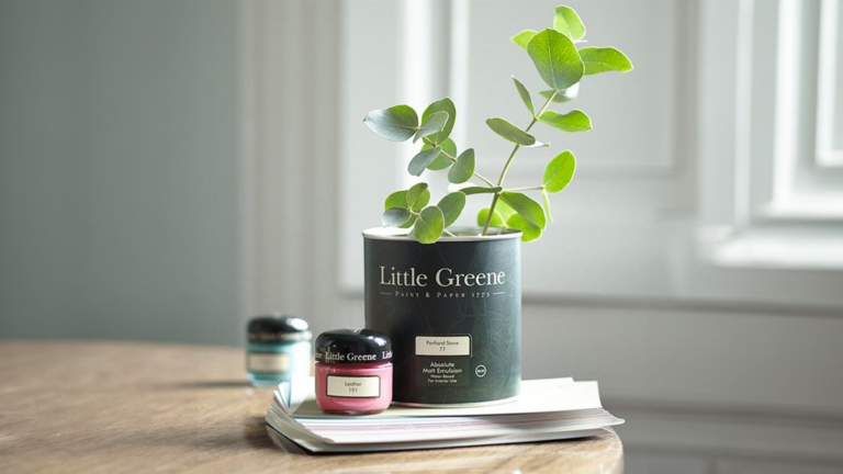 Pot de peinture Little Greene avec échantillons de couleur sur une table, accompagné d’une plante verte décorative. Peinture Axirénov Little Green Nantes