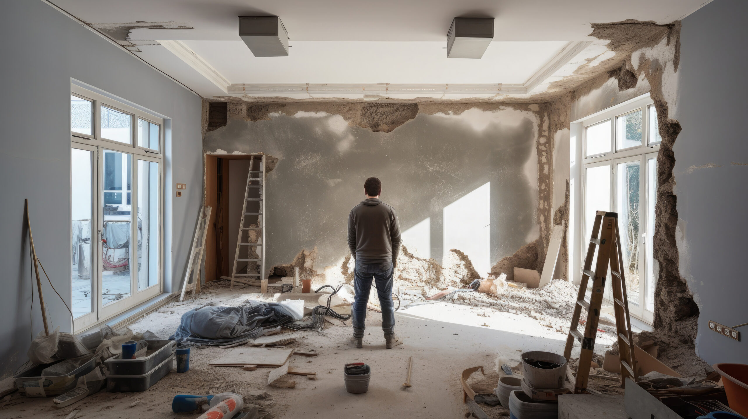 Renovation building or apartment. Back view of construction worker looks at wall. Construction site, industrial job.